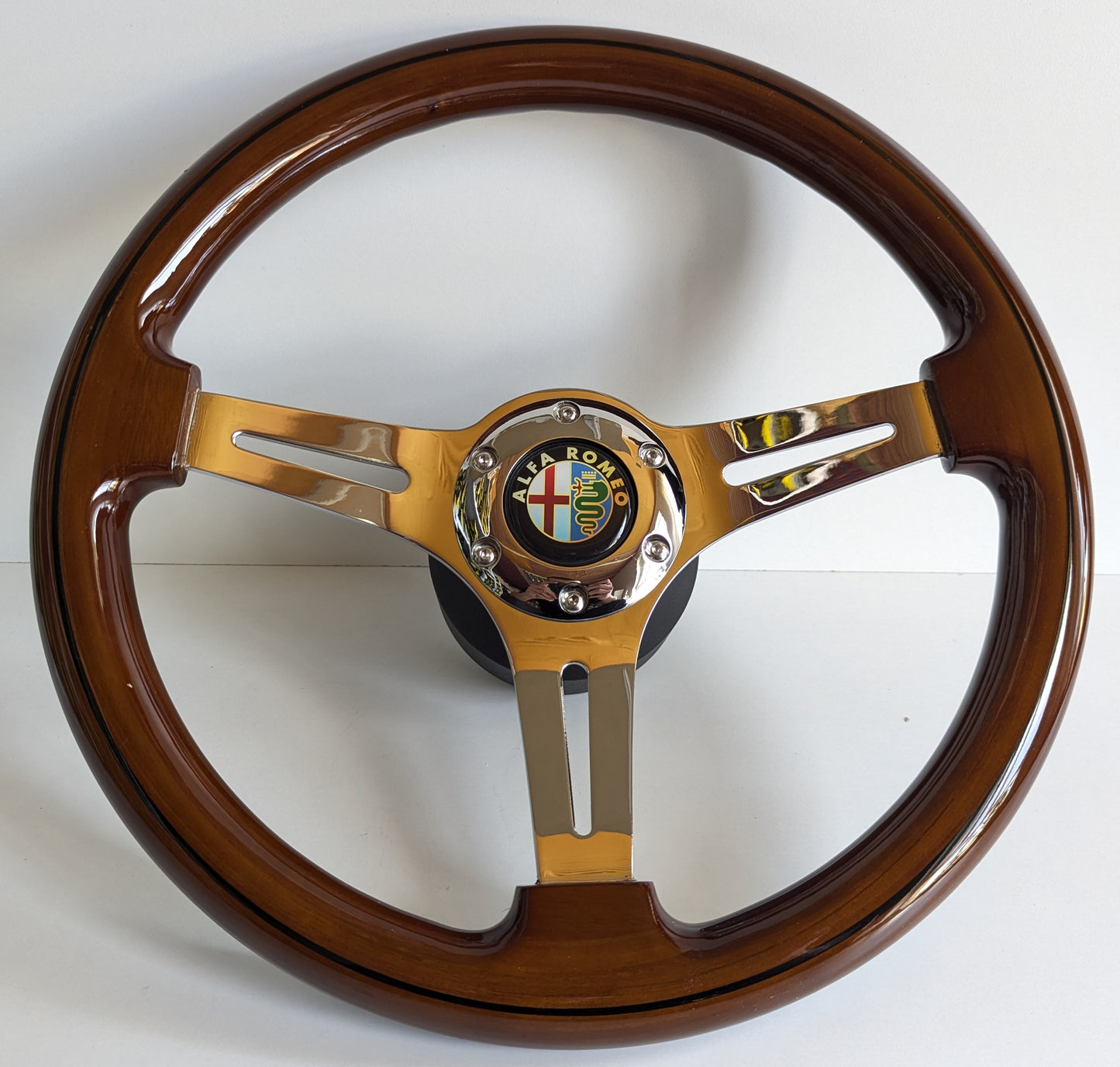 Steering Wheel For Alfa Romeo SPIDER (1990-1994)  - Solid Wood, Vintage Chrome Spokes, Black Trim, 350 mm