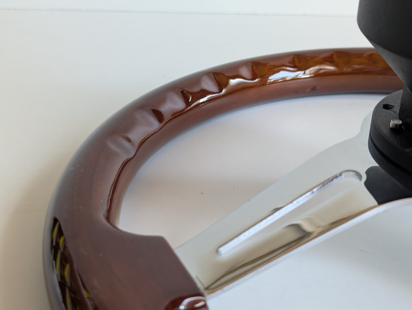 Steering Wheel For VW T4 Multyvan Caravelle Transporter (1997-2004) - Solid Wood, Vintage Chrome Spokes, Black Trim, 350 mm