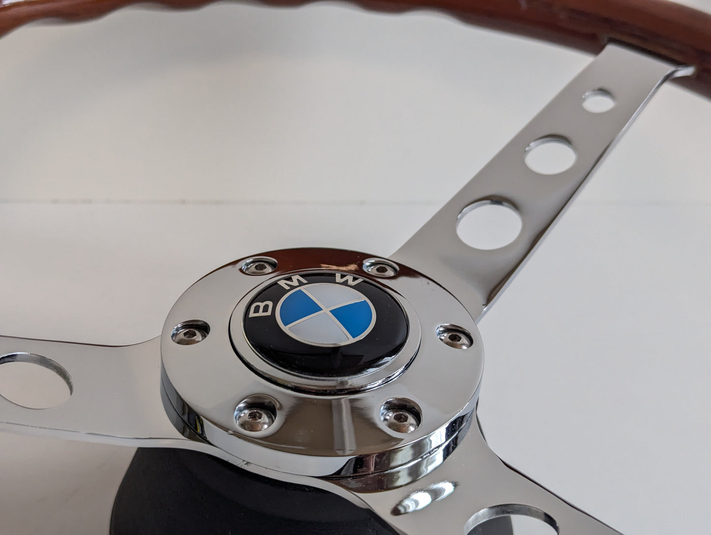 Steering Wheel For BMW - 380 mm, No Hub Adapter Included, Wooden Rim, Chrome Spokes with Holes, Classic, Vintage Style