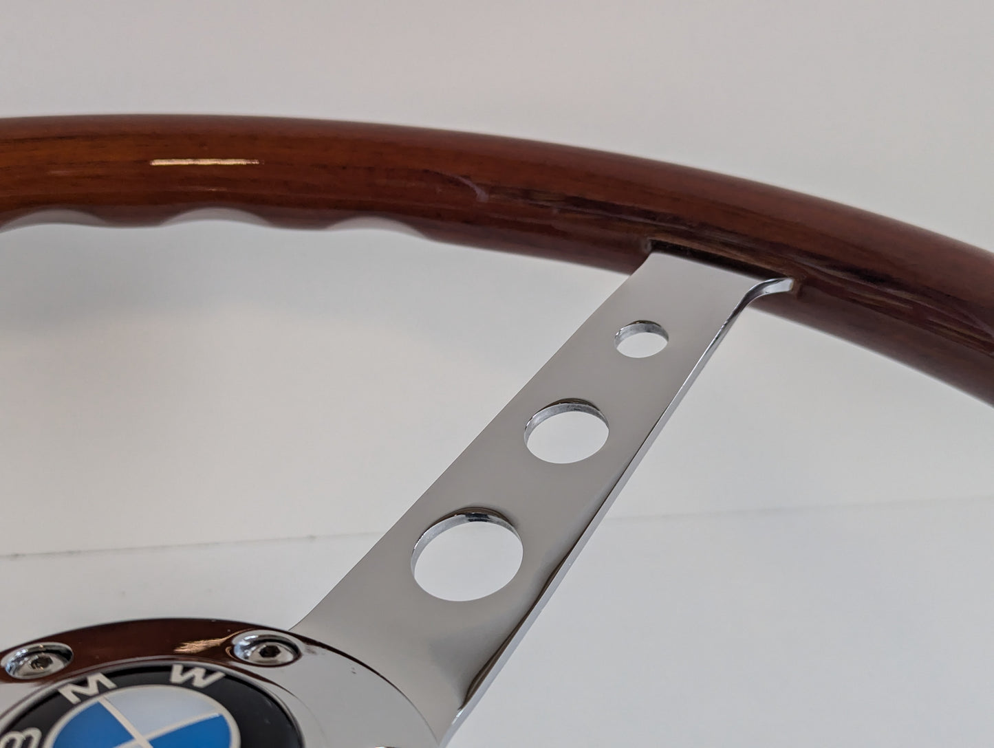 Steering Wheel For BMW - 380 mm, No Hub Adapter Included, Wooden Rim, Chrome Spokes with Holes, Classic, Vintage Style