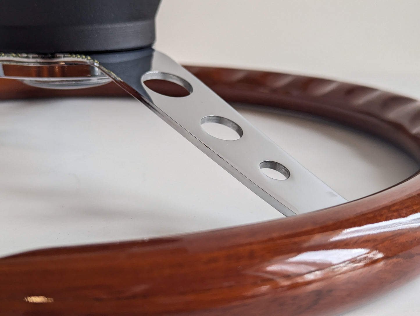 Steering Wheel For BMW - 380 mm, No Hub Adapter Included, Wooden Rim, Chrome Spokes with Holes, Classic, Vintage Style