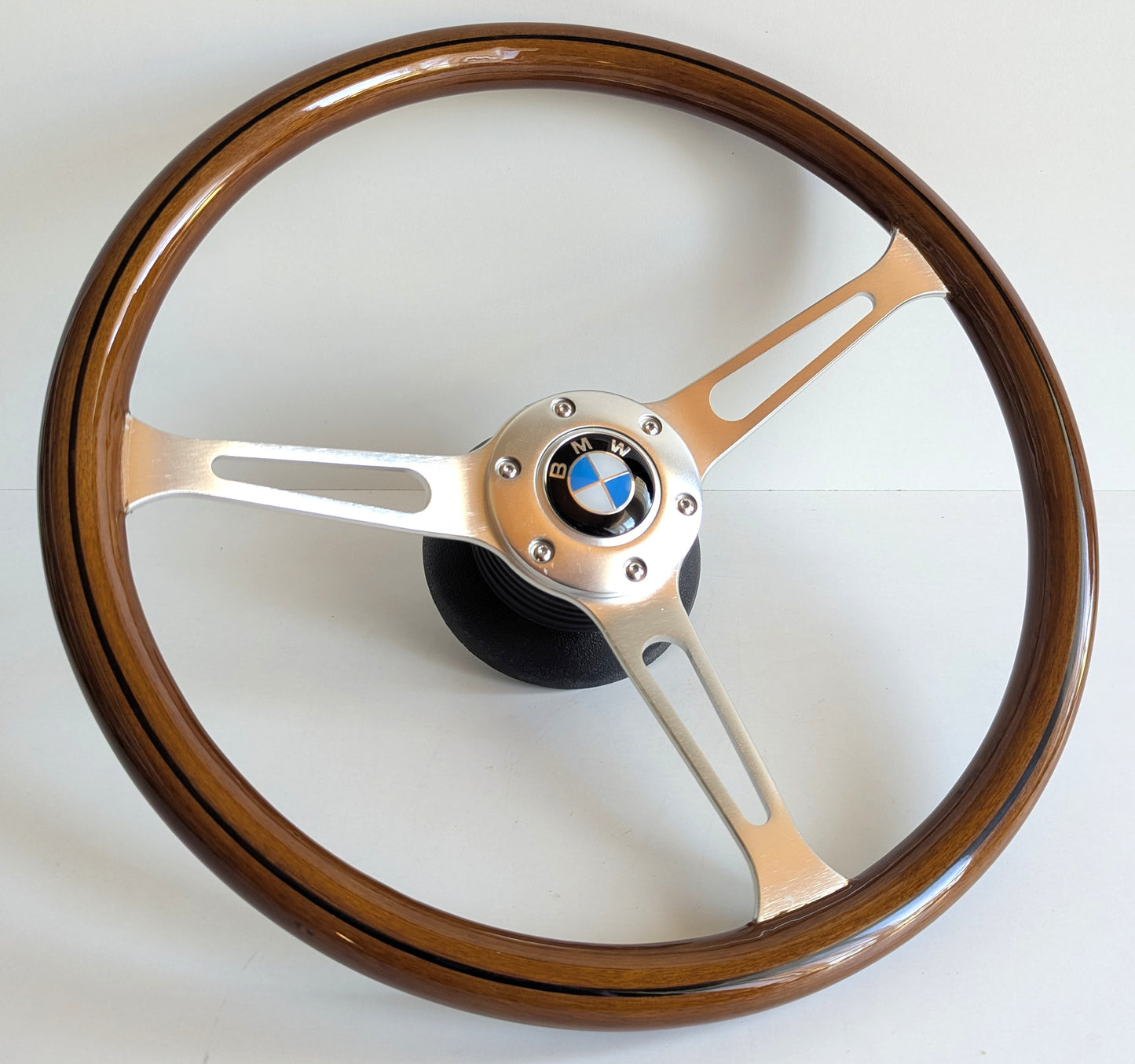 Steering Wheel For BMW E10 2002 1502 1602 1802 (1965-1976) - Wooden Rim with Black Trim, Silver Spokes, Classic, 380mm