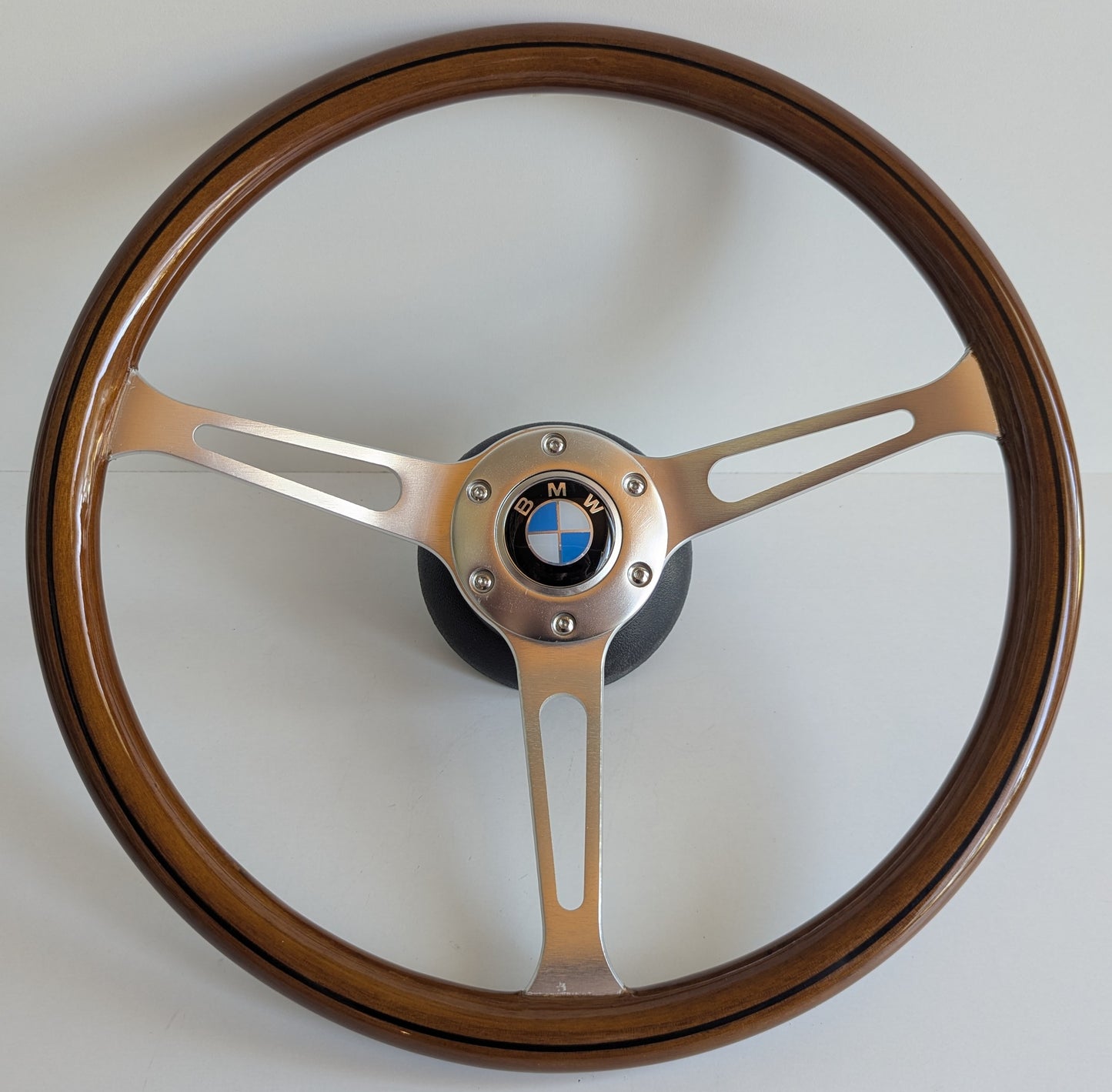 Steering Wheel For BMW E10 2002 1502 1602 1802 (1965-1976) - Wooden Rim with Black Trim, Silver Spokes, Classic, 380mm
