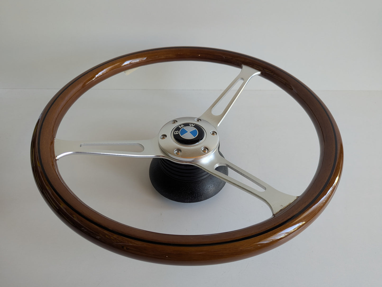Steering Wheel For BMW E10 2002 1502 1602 1802 (1965-1976) - Wooden Rim with Black Trim, Silver Spokes, Classic, 380mm