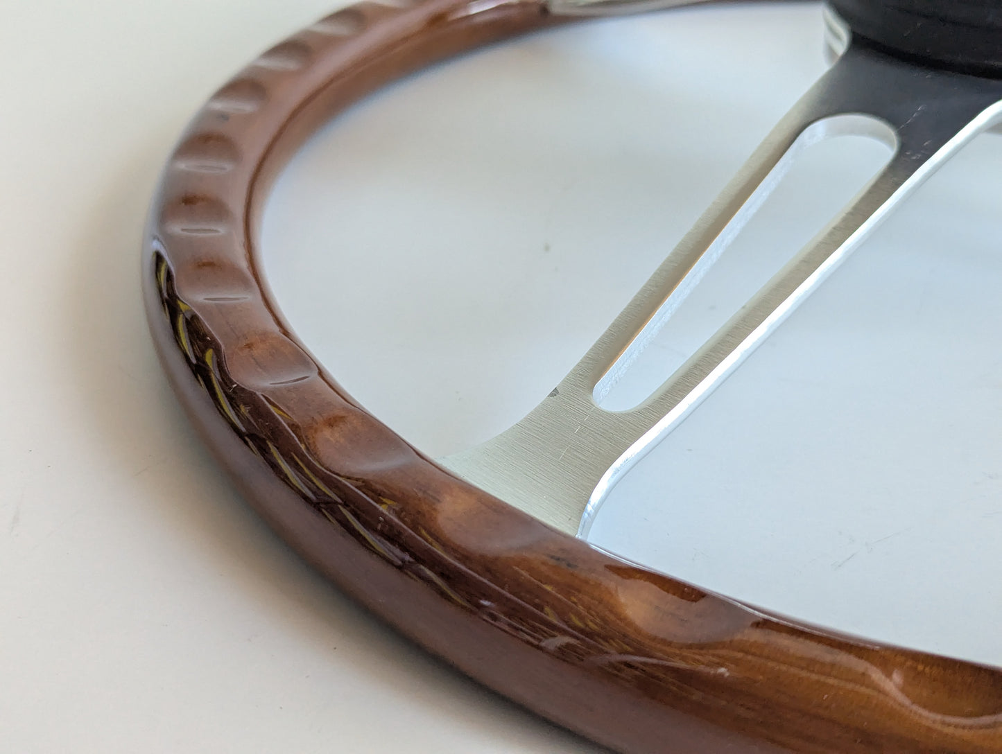 Steering Wheel For BMW E10 2002 1502 1602 1802 (1965-1976) - Wooden Rim with Black Trim, Silver Spokes, Classic, 380mm