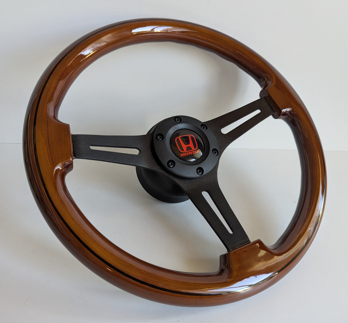 Steering Wheel For Honda Prelude CRX Del Sol Civic Accord (1992-1996) - Solid Wood, Black Trim, Vintage, Black Spokes, 350 mm