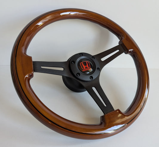 Steering Wheel For Honda Prelude CRX Del Sol Civic Accord (1992-1996) - Solid Wood, Black Trim, Vintage, Black Spokes, 350 mm