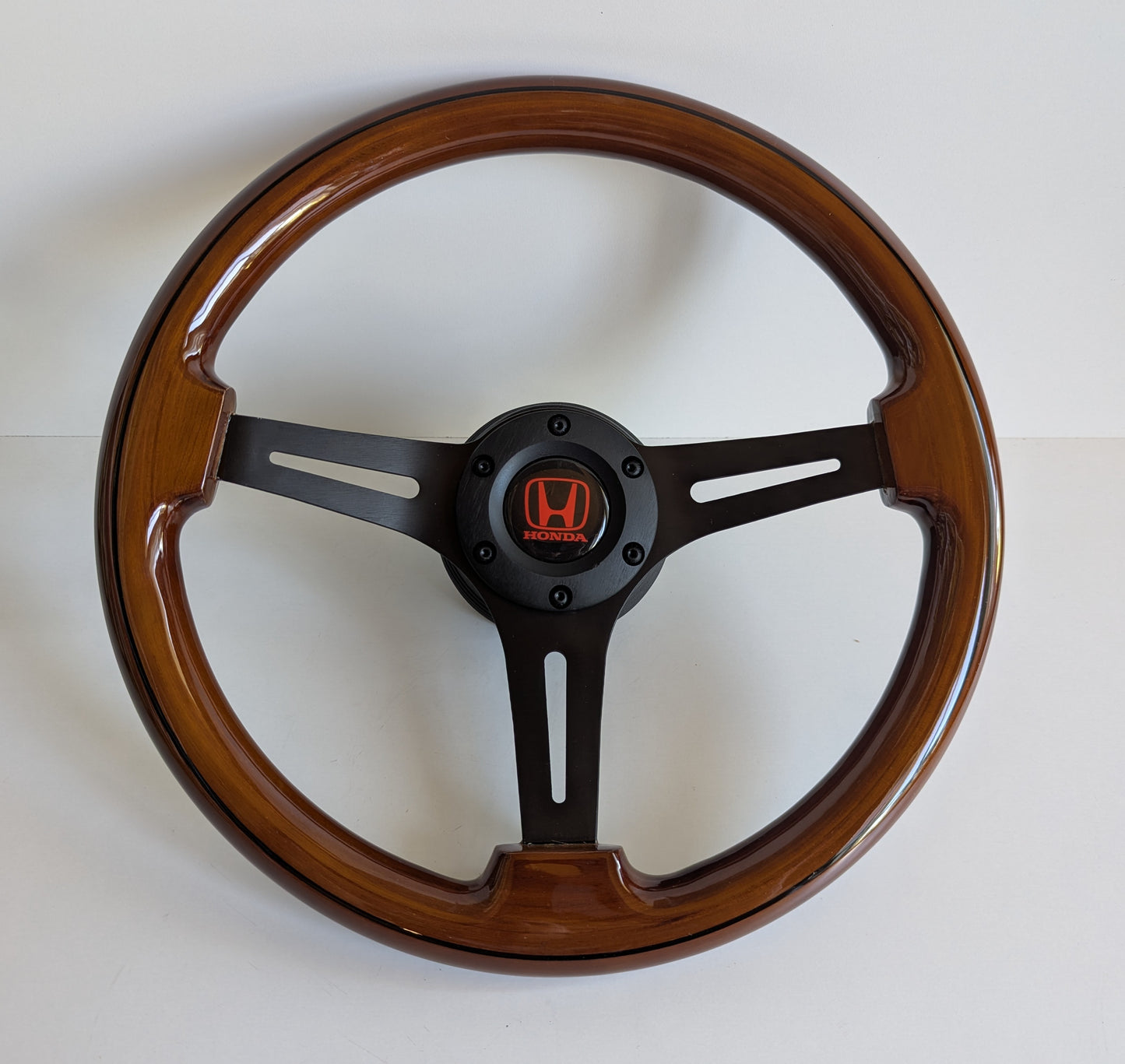 Steering Wheel For Honda Prelude CRX Del Sol Civic Accord (1992-1996) - Solid Wood, Black Trim, Vintage, Black Spokes, 350 mm