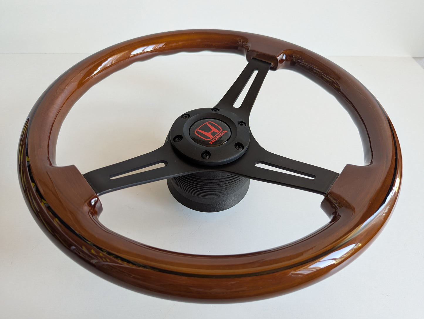 Steering Wheel For Honda Prelude CRX Del Sol Civic Accord (1992-1996) - Solid Wood, Black Trim, Vintage, Black Spokes, 350 mm