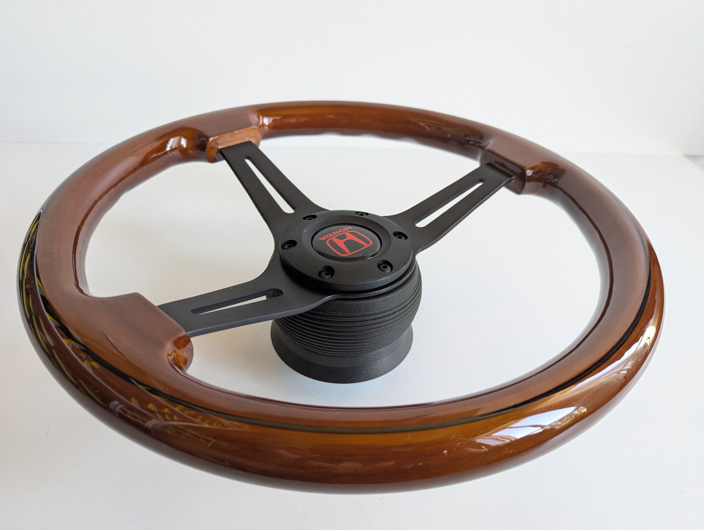 Steering Wheel For Honda Prelude CRX Del Sol Civic Accord (1992-1996) - Solid Wood, Black Trim, Vintage, Black Spokes, 350 mm