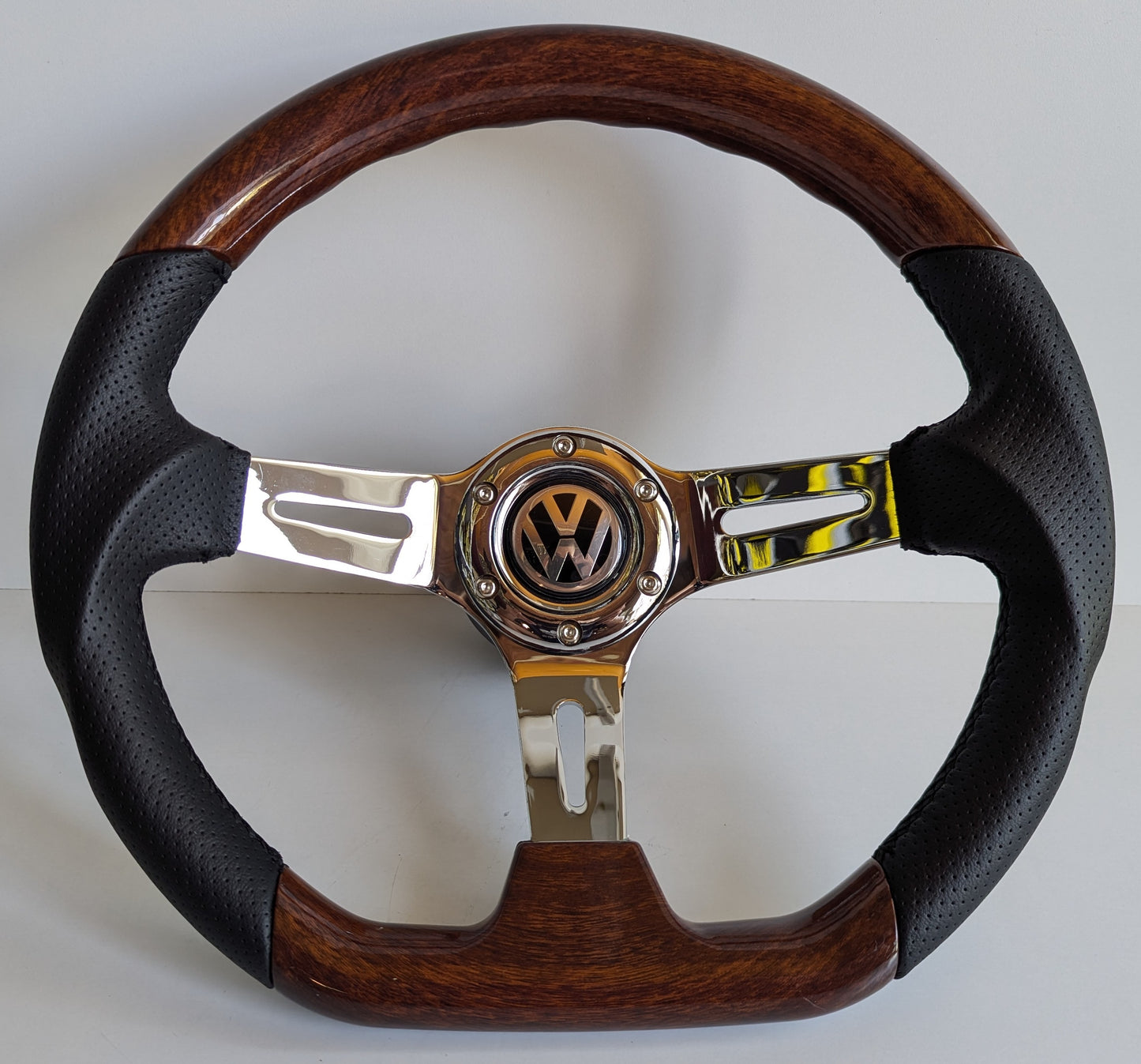Steering Wheel For VW T4 Bus Caravelle Multyvan Transporter (1994-2003) - Flat Bottom, Wood, Vintage, Black Leather, Chrome spokes, 350 mm