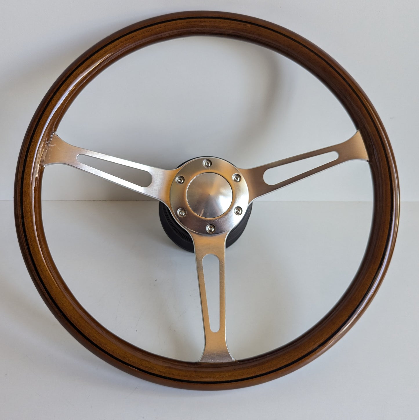 Steering Wheel For Mercedes Benz W114 W115 W116 R107 (1972-1977) - Wooden Rim, Silver Spokes, Black Trim, Classic, 380mm
