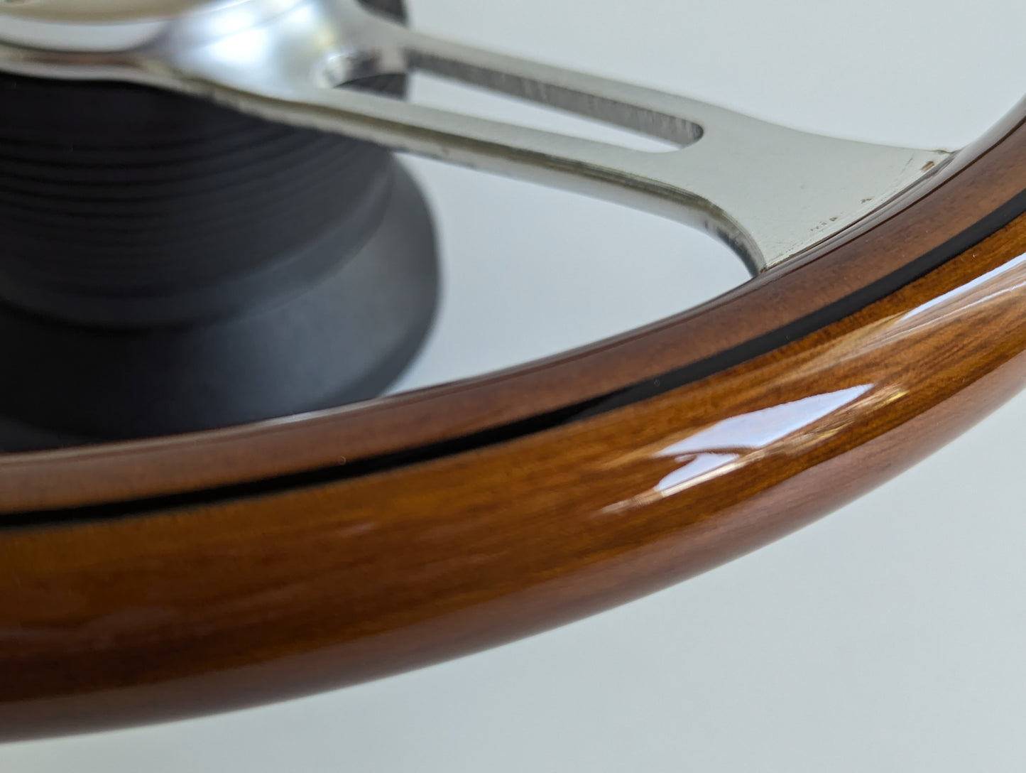 Steering Wheel For Mercedes Benz W114 W115 W116 R107 (1972-1977) - Wooden Rim, Silver Spokes, Black Trim, Classic, 380mm