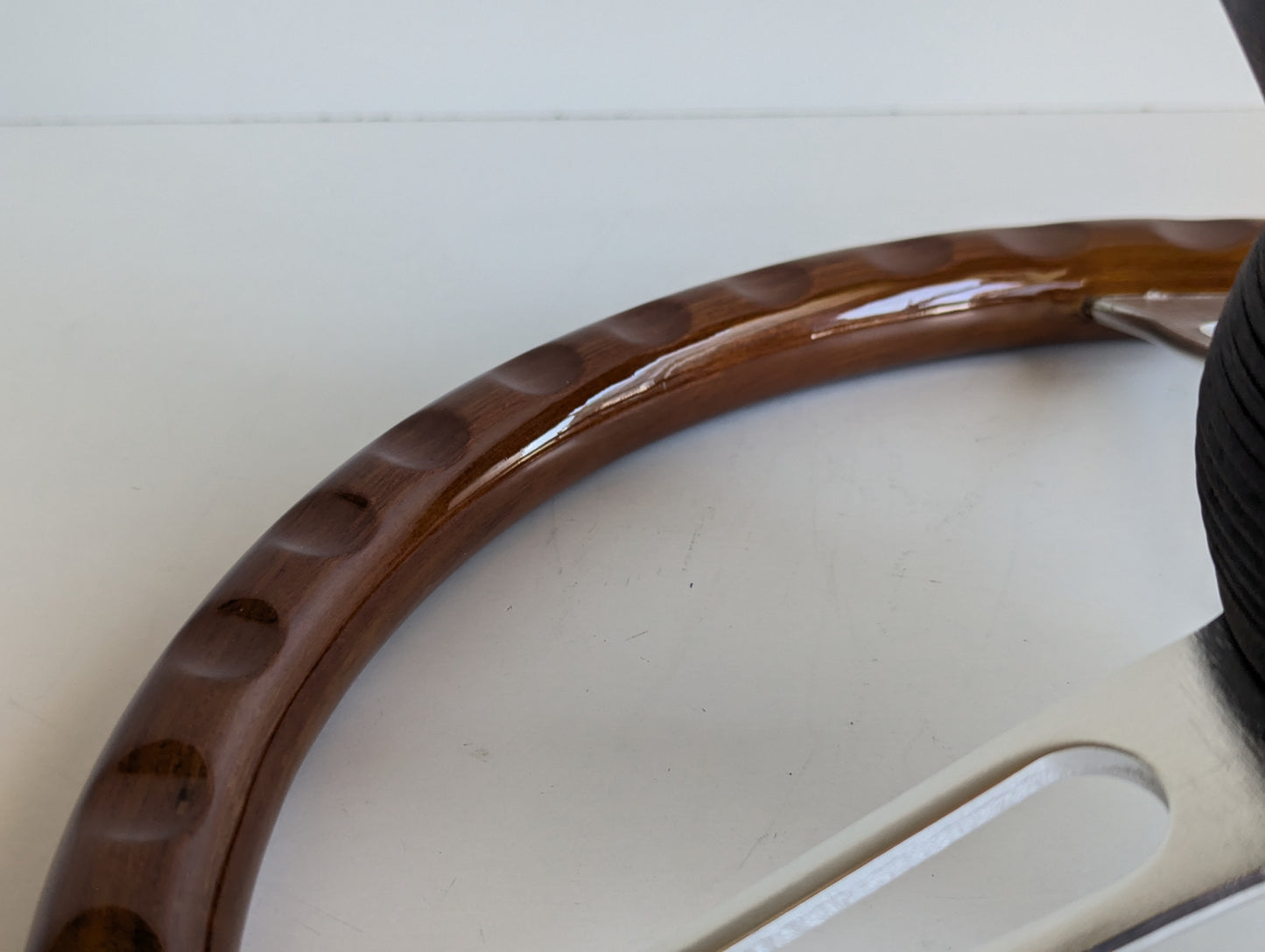 Steering Wheel For Mercedes Benz W114 W115 W116 R107 (1972-1977) - Wooden Rim, Silver Spokes, Black Trim, Classic, 380mm