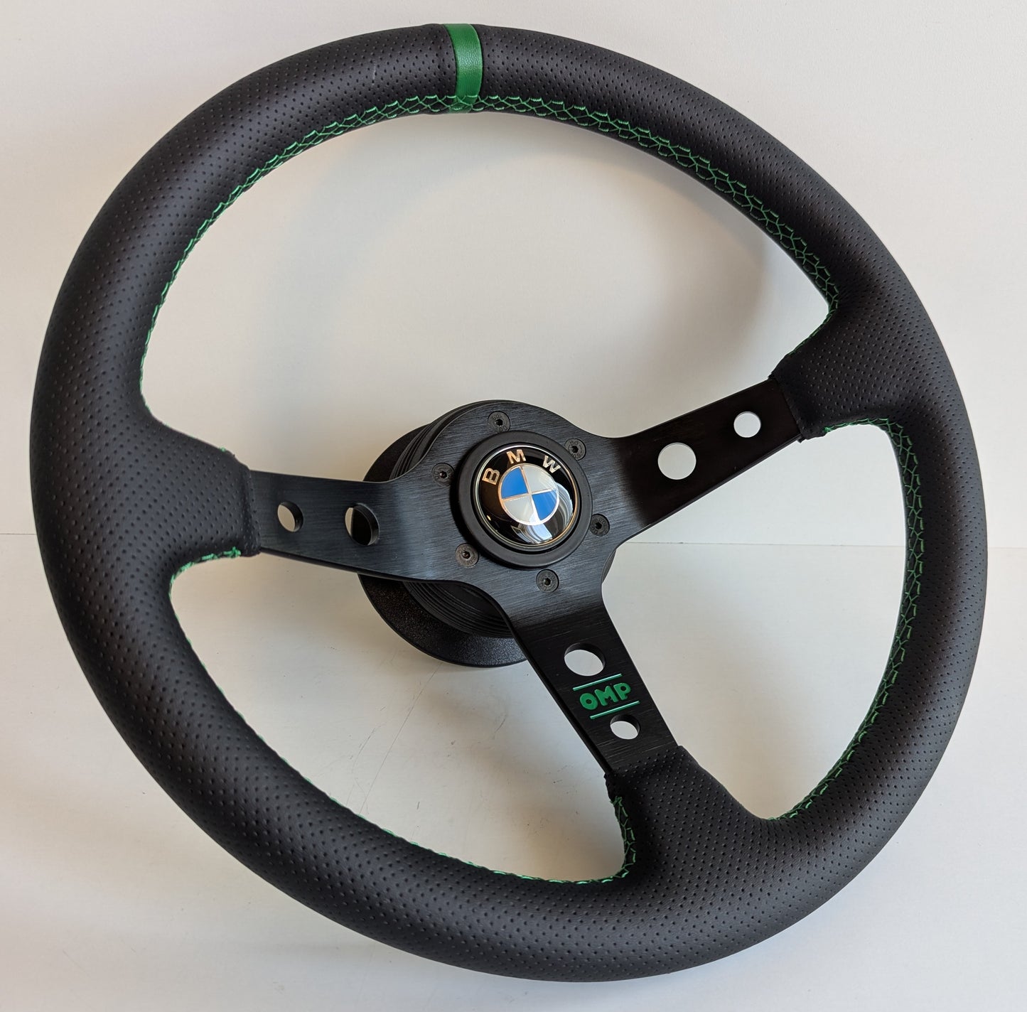 Steering Wheel For BMW E36 E38 E39 Z3 (1996–1999) - Deep Dish, Green Stitching, Black Spokes with Holes, Sport Vision, 350 mm