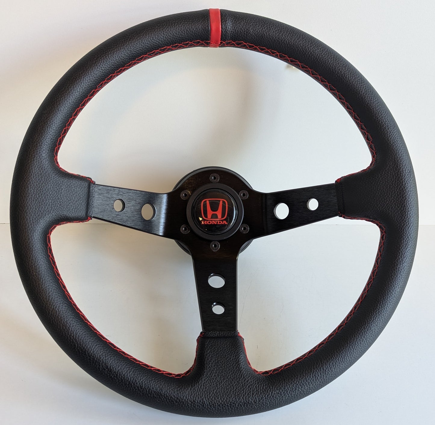 Steering Wheel For Honda Prelude CRX Del Sol Civic Accord (1992-1996) - Deep Dish, Perforated Leather, Red 350 mm