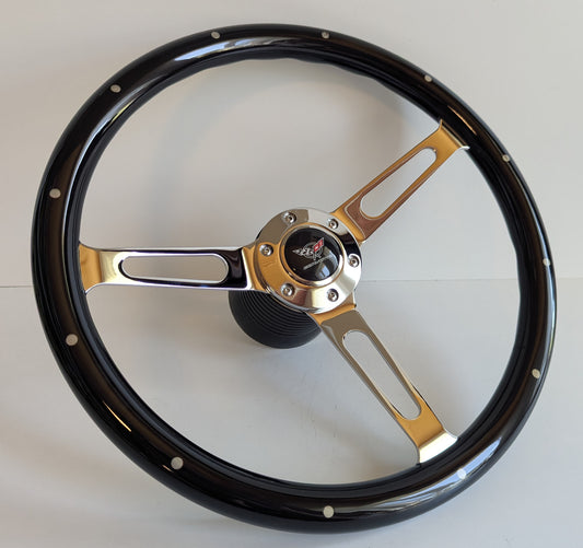 Steering Wheel For Chevrolet Corvette Chevy Jimmy S10 S15 ( since 1974) - 380mm Wooden Rim, Black Finish & Chrome Spokes