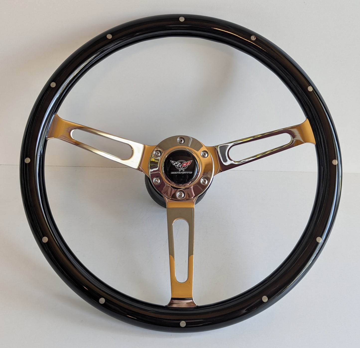 Steering Wheel For Chevrolet Corvette C3 Chevy (1969 - 1983) - 380mm Wooden Rim, Black Finish & Chrome Spokes