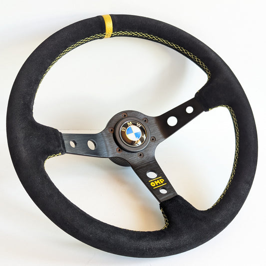 Steering Wheel For BMW E10 2002 1502 1602 1802 (1965-1976) - Deep Dish, Alcantara Suede, Yellow Stitching 350 mm