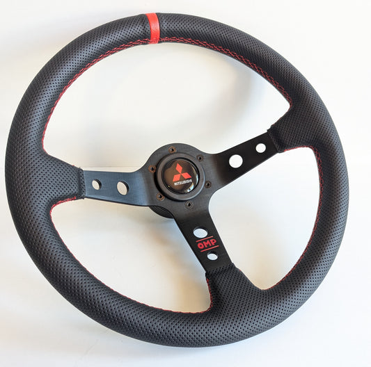 Steering Wheel For Mitsubishi Eclipse Lancer Evo Galant Pajero -  Deep Dish, Red Stitching, Black Spokes with Holes, Sport Vision, 350 mm