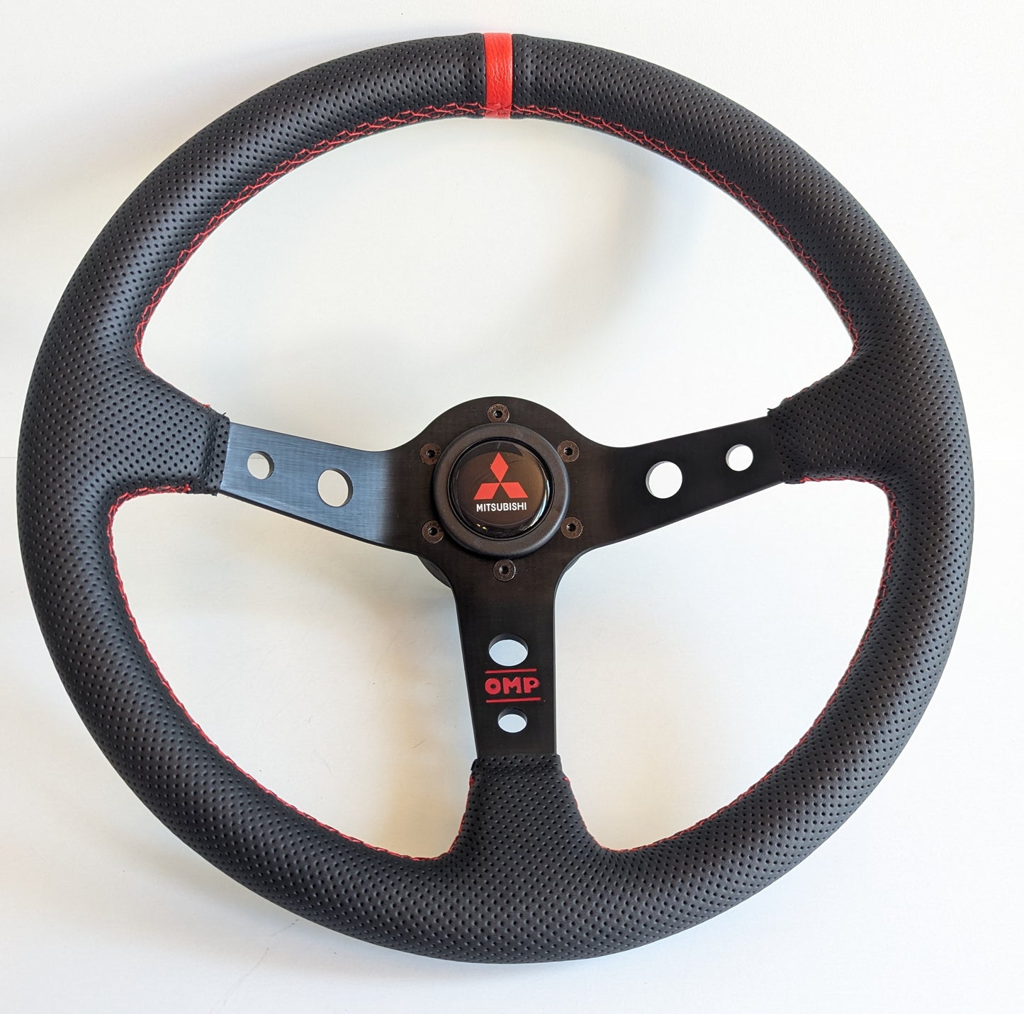 Steering Wheel For Mitsubishi Eclipse Lancer Evo Galant Pajero -  Deep Dish, Red Stitching, Black Spokes with Holes, Sport Vision, 350 mm