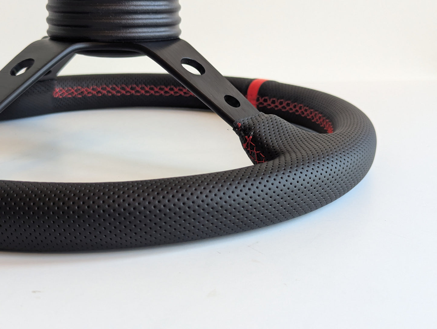 Steering Wheel For Mitsubishi Eclipse Lancer Evo Galant Pajero -  Deep Dish, Red Stitching, Black Spokes with Holes, Sport Vision, 350 mm