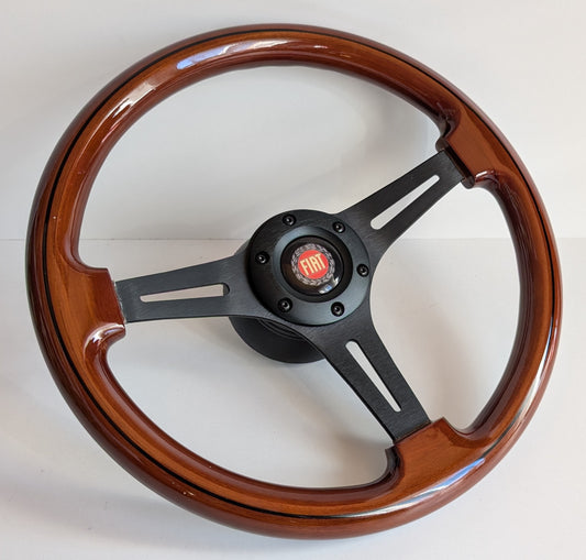 Steering Wheel For Fiat 124, 125, 128 & 850 Berlina / Special (Since 1965) - Solid Wood, Black Trim, Vintage, Black Spokes, 350 mm