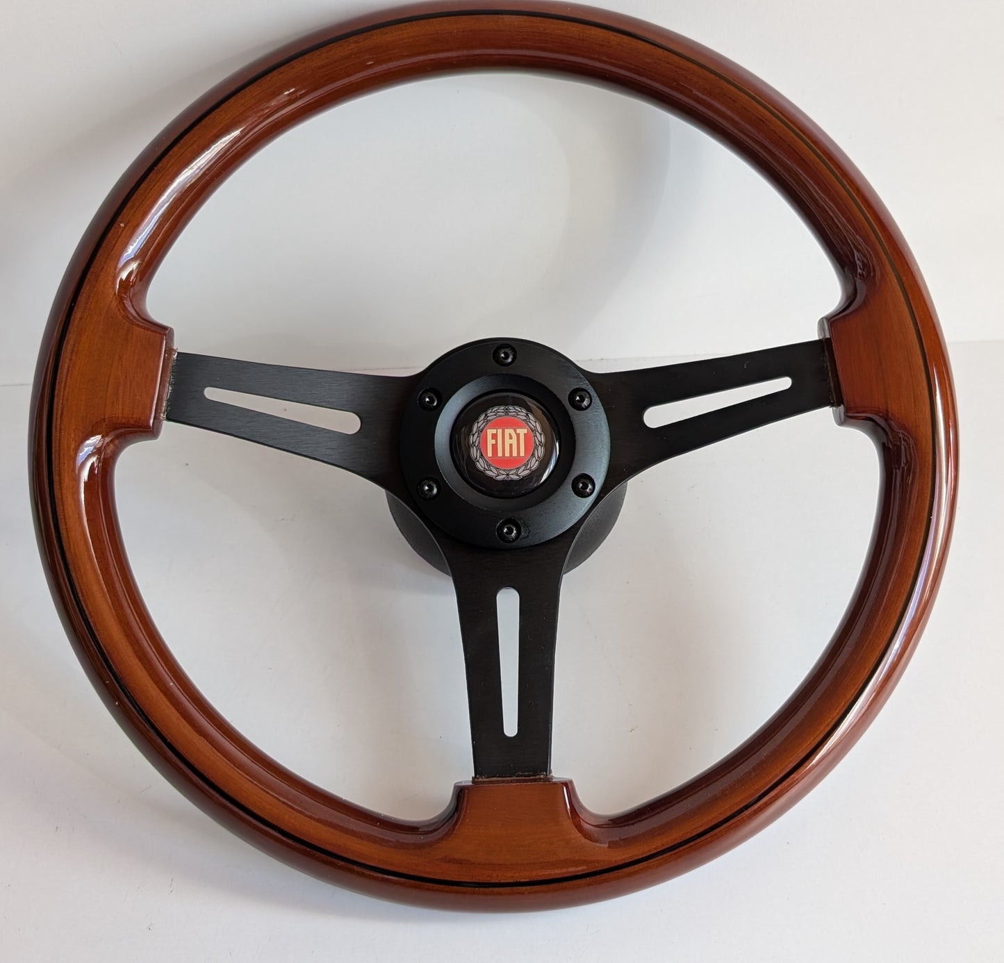 Steering Wheel For Fiat 124, 125, 128 & 850 Berlina / Special (Since 1965) - Solid Wood, Black Trim, Vintage, Black Spokes, 350 mm