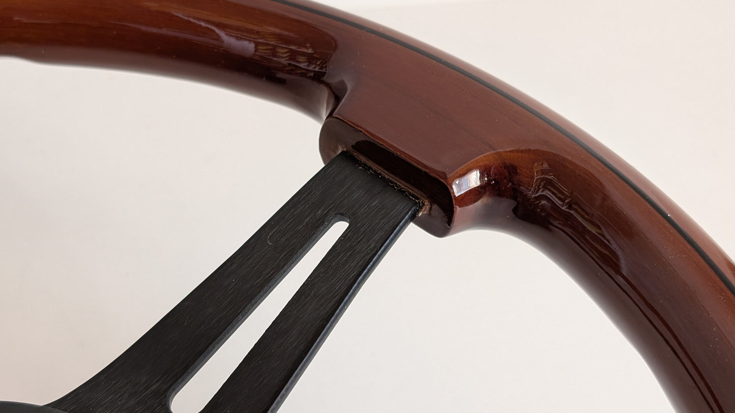 Steering Wheel For Fiat 124, 125, 128 & 850 Berlina / Special (Since 1965) - Solid Wood, Black Trim, Vintage, Black Spokes, 350 mm