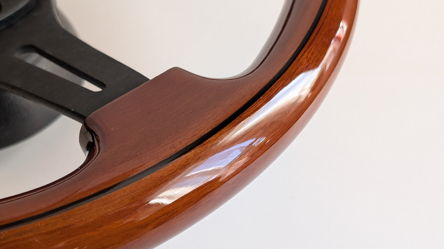 Steering Wheel For Fiat 124, 125, 128 & 850 Berlina / Special (Since 1965) - Solid Wood, Black Trim, Vintage, Black Spokes, 350 mm