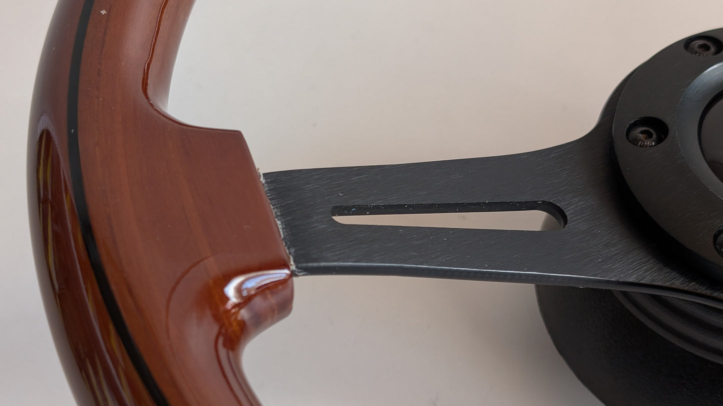 Steering Wheel For Fiat 124, 125, 128 & 850 Berlina / Special (Since 1965) - Solid Wood, Black Trim, Vintage, Black Spokes, 350 mm