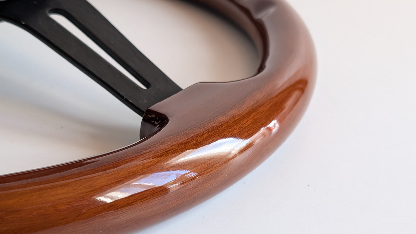 Steering Wheel For Fiat 124, 125, 128 & 850 Berlina / Special (Since 1965) - Solid Wood, Black Trim, Vintage, Black Spokes, 350 mm