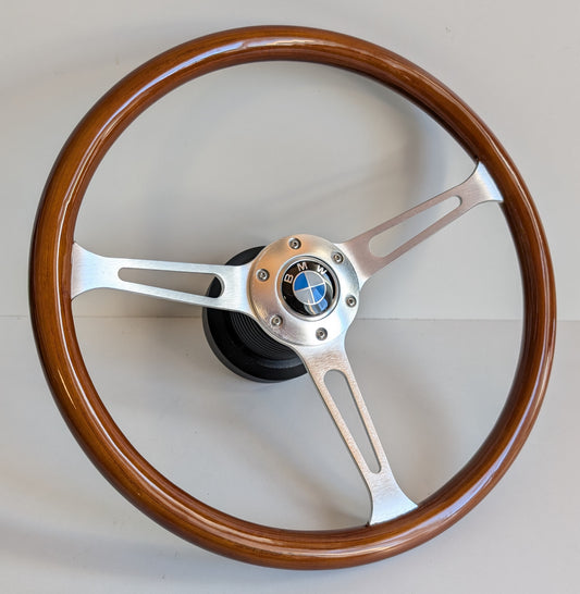 Steering Wheel For BMW E3 E9 E12 E21 E23 E24 E28 (1976-1985) - Wooden Rim, Silver Spokes, Classic, 380mm