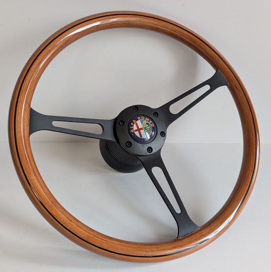 Steering Wheel For Alfa Romeo Spider (1983-1989) - Wooden Rim, Black Spokes, Black Trim, Classic, 380mm