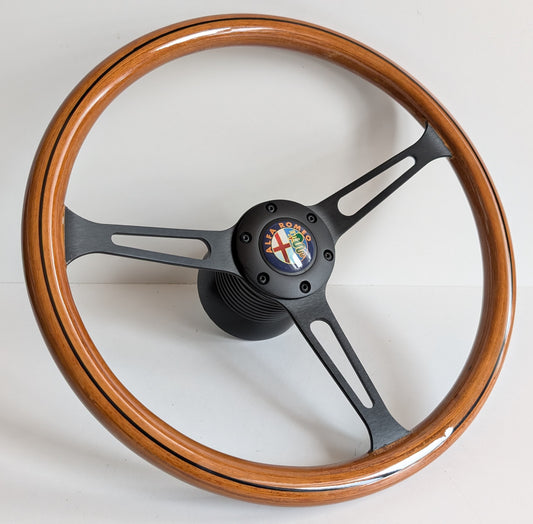 Steering Wheel For Alfa Romeo - 164 33 75 90 (1983- 1993) - Wooden Rim, Black Trim, Black Spokes, Vintage Style, 380mm