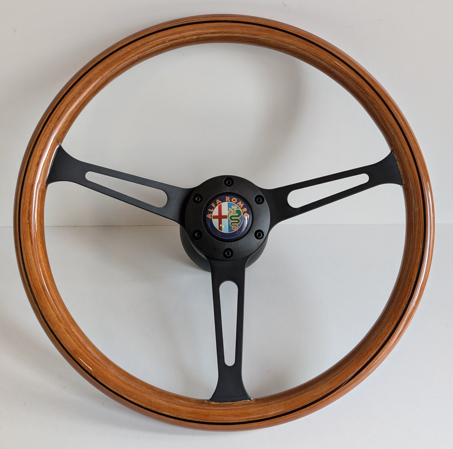 Steering Wheel For Alfa Romeo Spider (1983-1989) - Wooden Rim, Black Spokes, Black Trim, Classic, 380mm