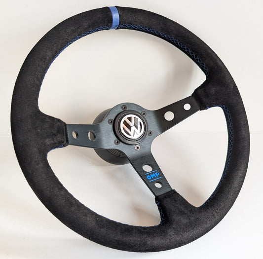 Steering Wheel For VW T5 Transporter Bus Multyvan (2003-2008) -  Blue Alcantara, Suede, Deep Dish, 350 mm