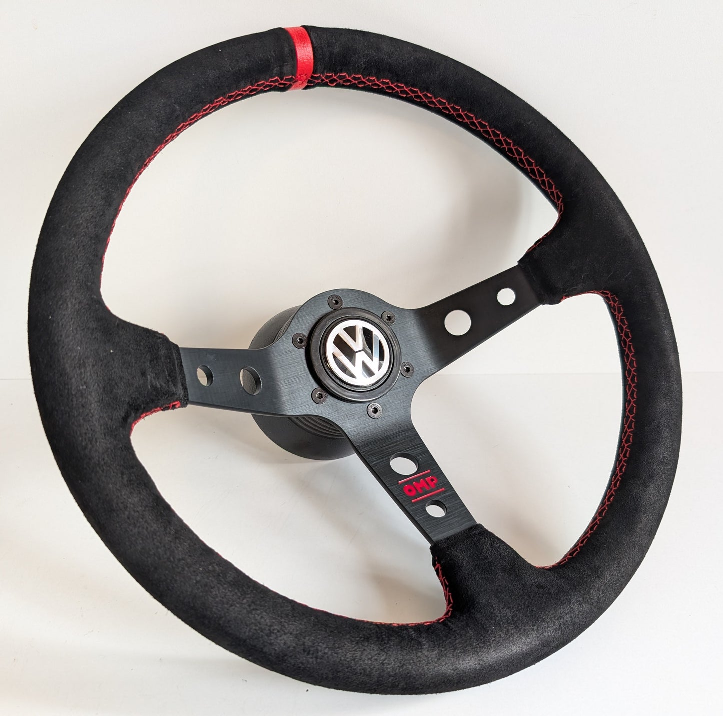Steering Wheel For VW Golf Mk5 Passat B6 Caddy EOS (2003-2010) - Red Alcantara, Suede, Deep Dish, 350 mm