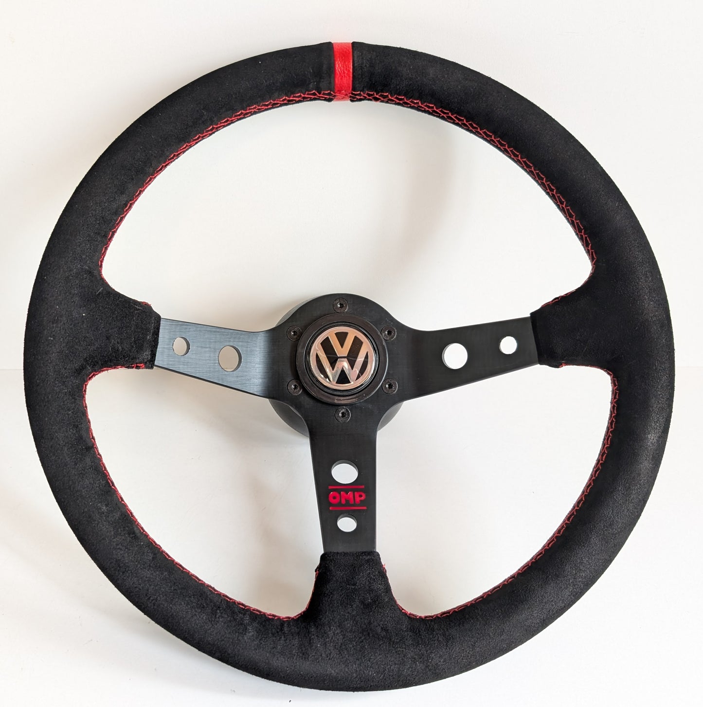 Steering Wheel For VW Golf Mk5 Passat B6 Caddy EOS (2003-2010) - Red Alcantara, Suede, Deep Dish, 350 mm