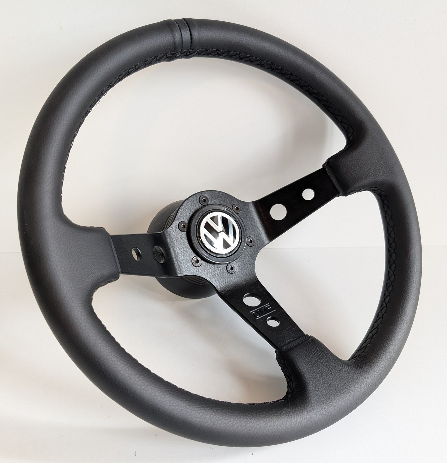 Steering Wheel For VW T4 Bus Multyvan Caravelle - Deep Dish, Black Stitching, Black Spokes with Holes, Sport Vision, 350 mm