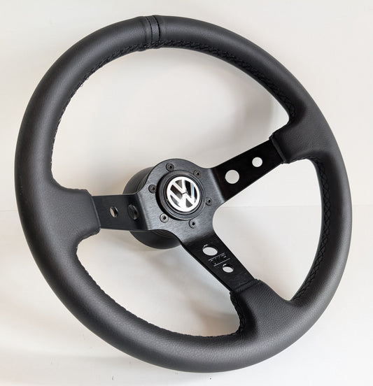 Steering Wheel For VW T4 Bus Multyvan Caravelle - Deep Dish, Black Stitching, Black Spokes with Holes, Sport Vision, 350 mm