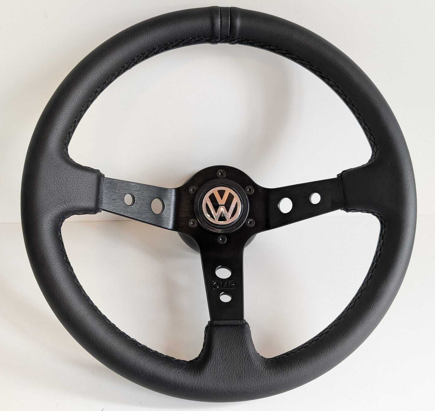 Steering Wheel For VW T4 Bus Multyvan Caravelle - Deep Dish, Black Stitching, Black Spokes with Holes, Sport Vision, 350 mm