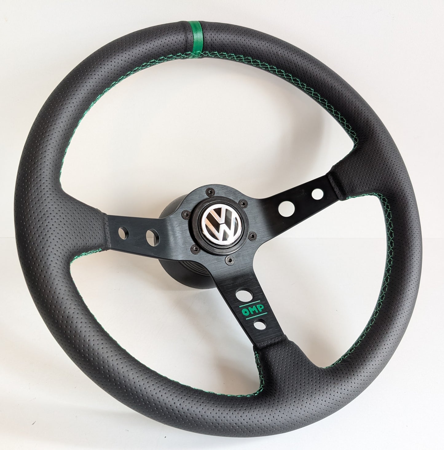 Steering Wheel For VW T4 Bus Multyvan Caravelle - Deep Dish, Green Stitching, Black Spokes with Holes, Sport Vision, 350 mm