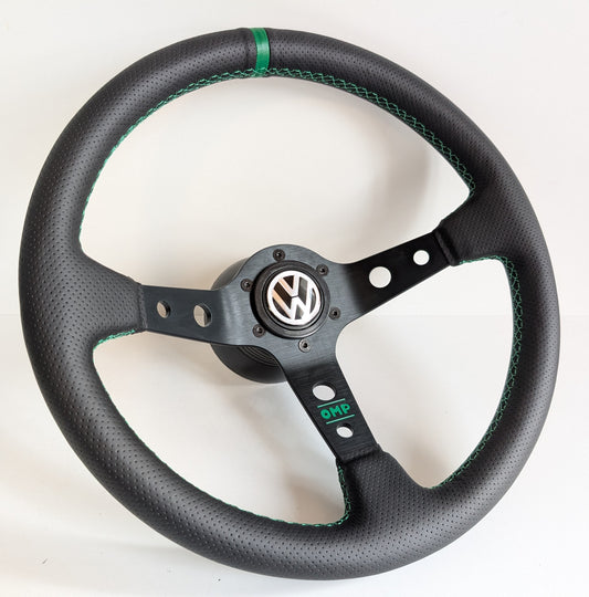 Steering Wheel For VW T4 Bus Multyvan Caravelle - Deep Dish, Green Stitching, Black Spokes with Holes, Sport Vision, 350 mm