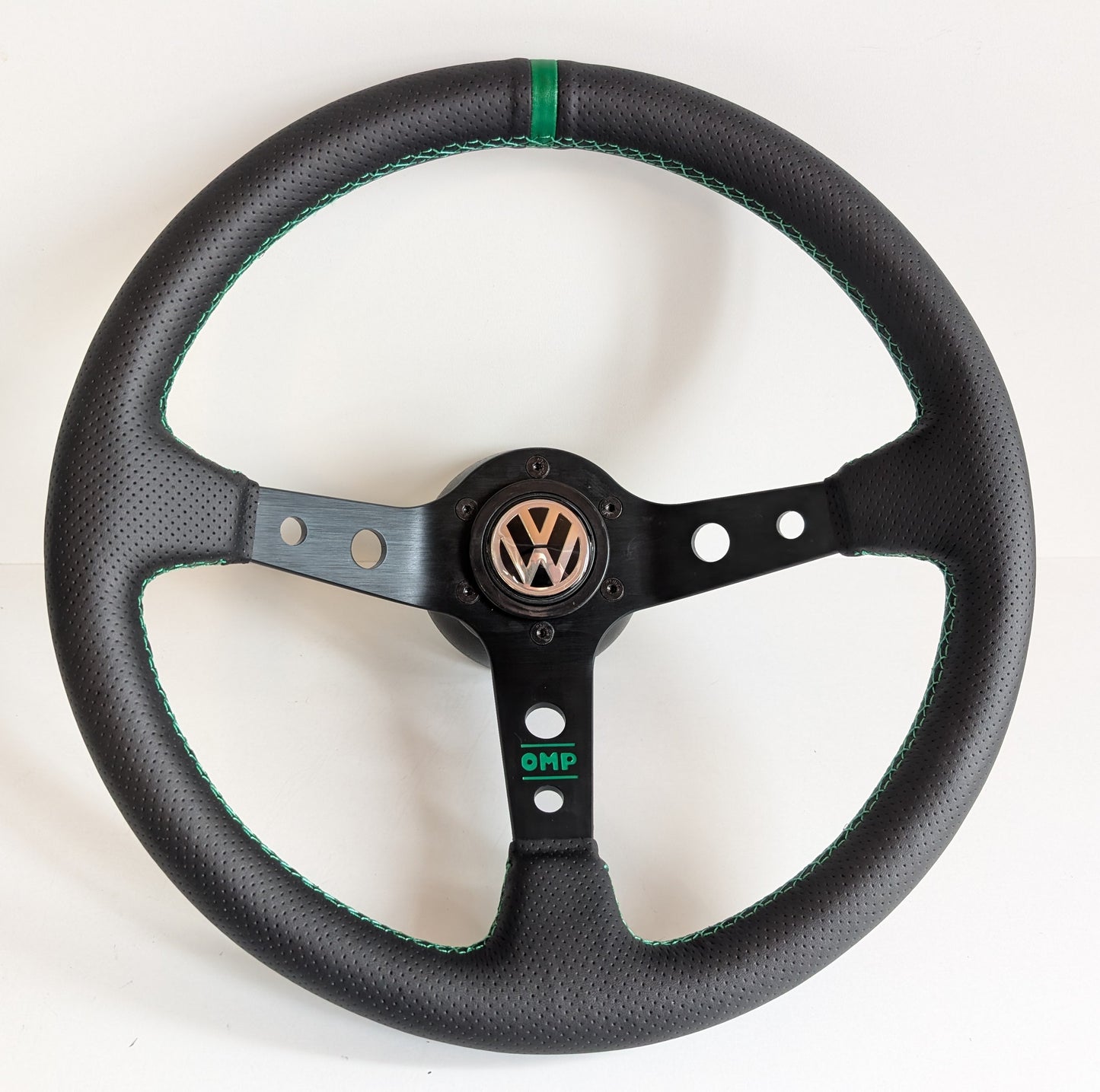 Steering Wheel For VW T4 Bus Multyvan Caravelle - Deep Dish, Green Stitching, Black Spokes with Holes, Sport Vision, 350 mm