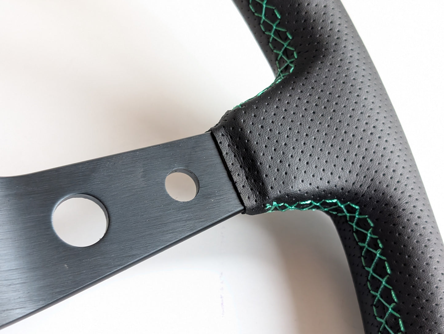 Steering Wheel For VW T4 Bus Multyvan Caravelle - Deep Dish, Green Stitching, Black Spokes with Holes, Sport Vision, 350 mm