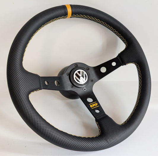 Steering Wheel For VW T4 Bus Multyvan Caravelle - Deep Dish, Yellow Stitching, Black Spokes with Holes, Sport Vision, 350 mm