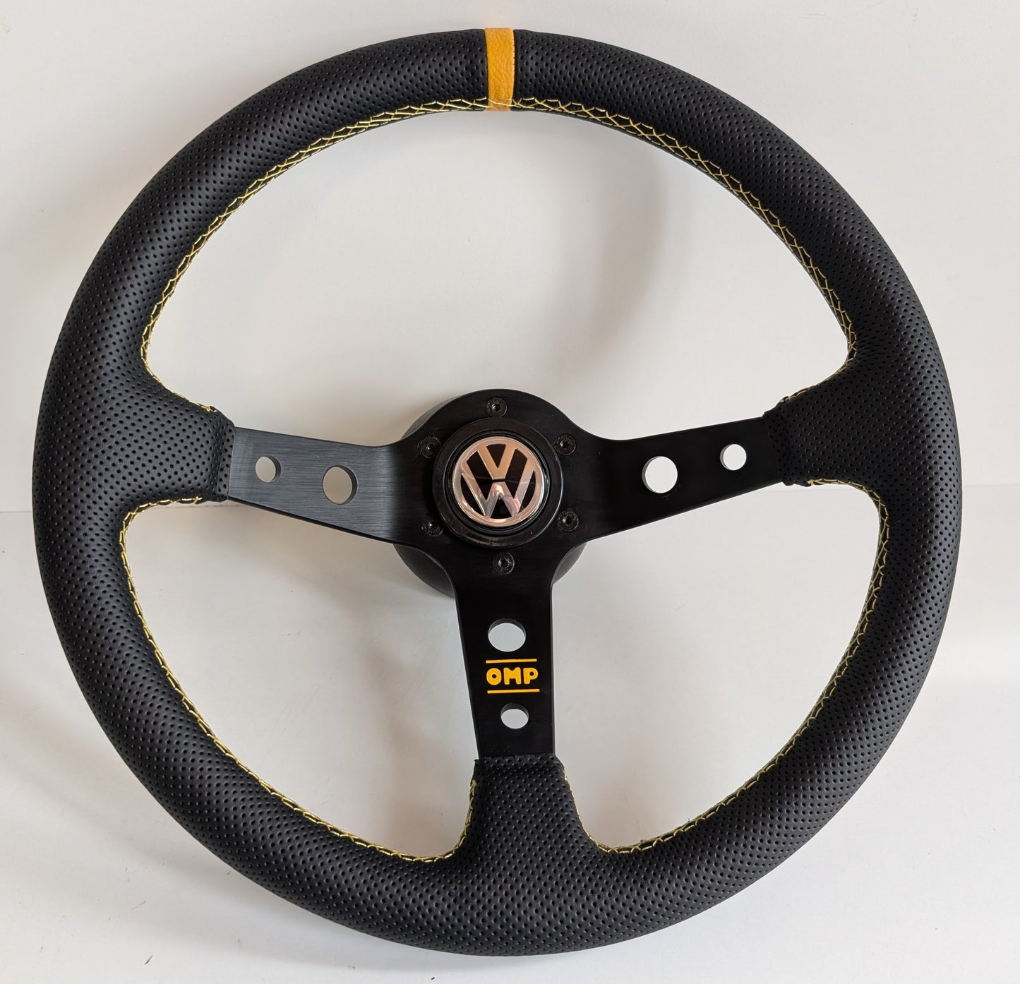 Steering Wheel For VW T4 Bus Multyvan Caravelle - Deep Dish, Yellow Stitching, Black Spokes with Holes, Sport Vision, 350 mm
