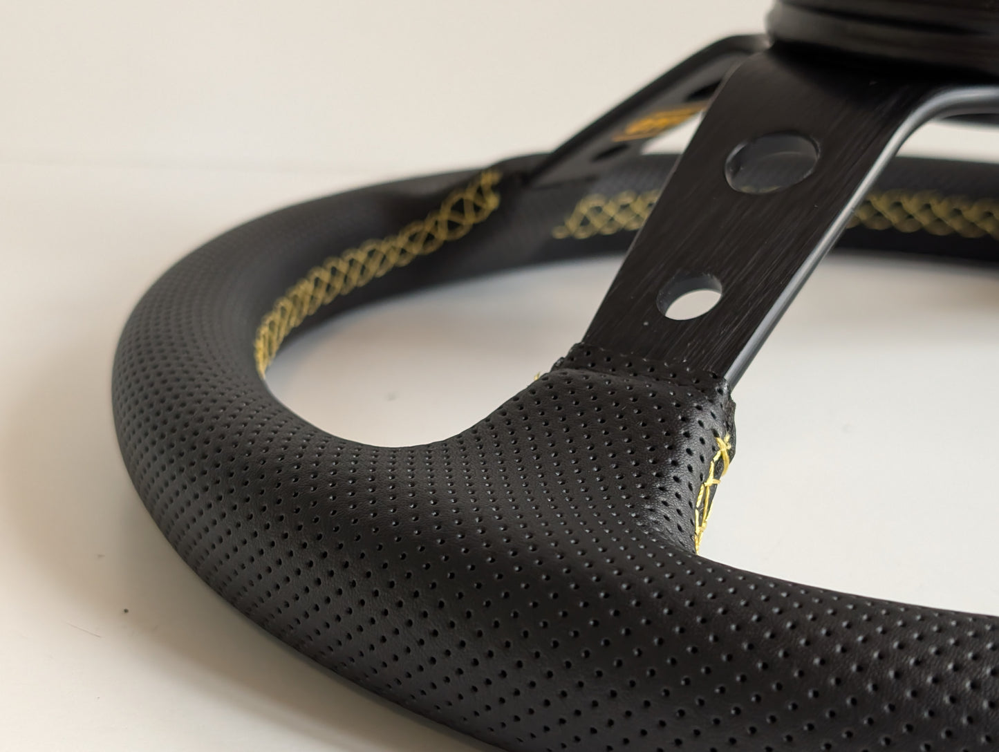 Steering Wheel For VW T4 Bus Multyvan Caravelle - Deep Dish, Yellow Stitching, Black Spokes with Holes, Sport Vision, 350 mm