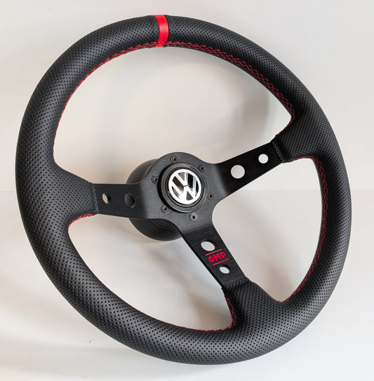 Steering Wheel For VW T4 Bus Multyvan Caravelle - Deep Dish, Red Stitching, Black Spokes with Holes, Sport Vision, 350 mm